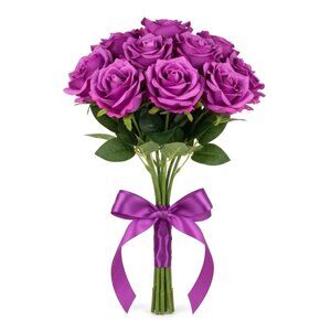 Luxury Artificial Purple Rose Bouquet | Dozen Faux Roses with Ribbon | Romantic